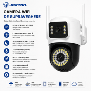 Camera de Supraveghere WiFi JORTAN Dual Lens 6MP PTZ, Rotire 355°, Vedere Nocturnă Color, Audio Bidirecțional, IP66, Detectare Mișcare