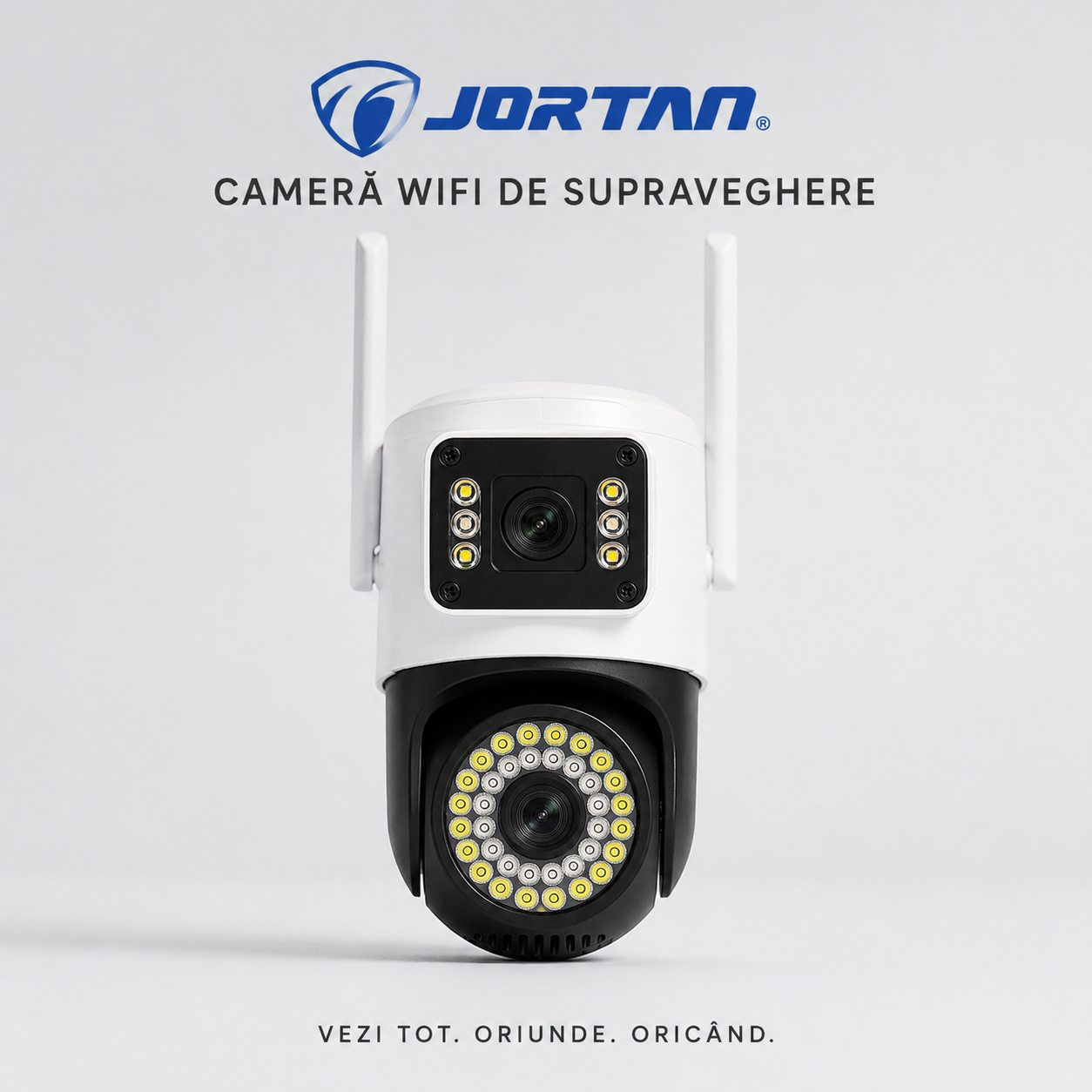 Camera de Supraveghere WiFi JORTAN Dual Lens 6MP PTZ, Rotire 355°, Vedere Nocturnă Color, Audio Bidirecțional, IP66, Detectare Mișcare