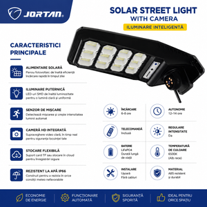 Lampa  Solara JORTAN  cu Camera 4G – Iluminare LED Inteligentă cu Senzor de Mișcare, IP66, Telecomandă și Panou Solar Integrat