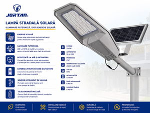 Lampa Stradala Solara JORTAN 1200W cu Panou Solar, Telecomanda si Protecție IP67