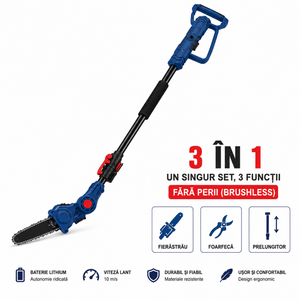 Foarfeca Electrica si Fierastrau cu Lanț 3 în 1, fără Perii (Brushless), cu Prelungitor Telescopic, Acumulator Li-Ion 48V