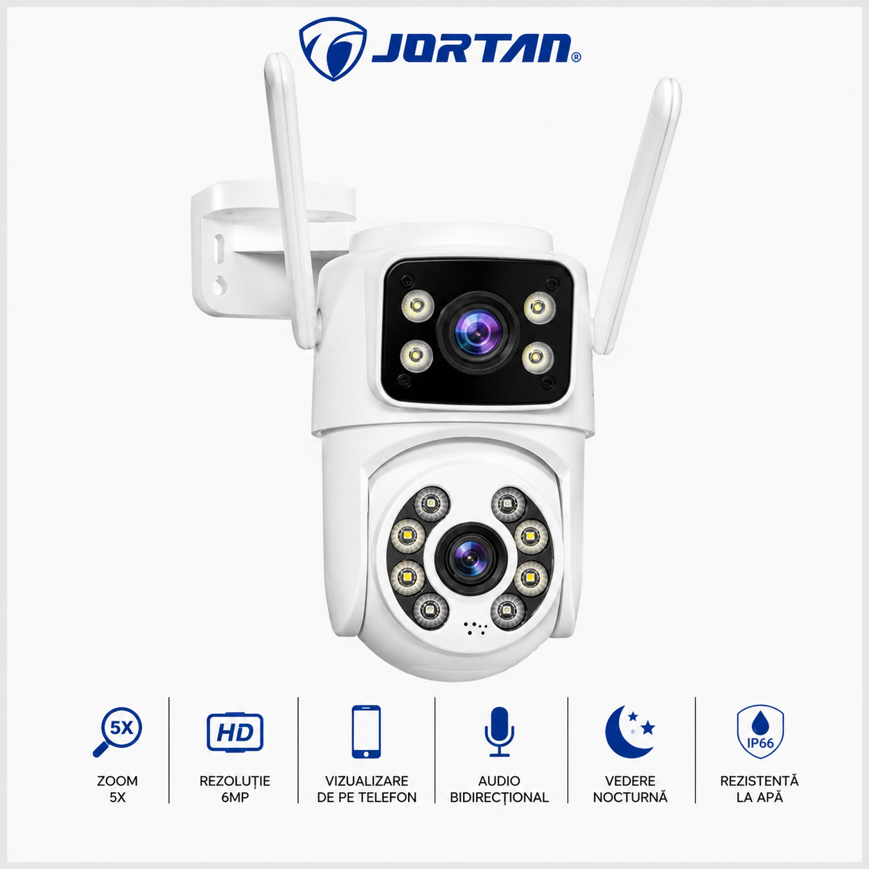 Camera de Supraveghere Wi-Fi JORTAN PTZ Dubla 6MP – Zoom Optic 5X, Vedere Nocturnă Color, Audio Bidirecțional, IP66