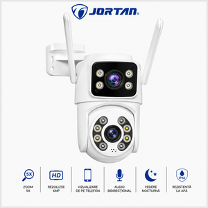 Camera de Supraveghere Wi-Fi JORTAN PTZ Dubla 6MP – Zoom Optic 5X, Vedere Nocturnă Color, Audio Bidirecțional, IP66