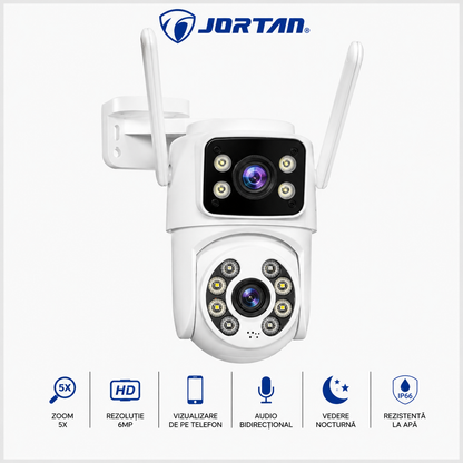 Camera de Supraveghere Wi-Fi JORTAN PTZ Dubla 6MP – Zoom Optic 5X, Vedere Nocturnă Color, Audio Bidirecțional, IP66