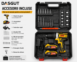 Mașină de Găurit și Înșurubat cu Acumulator DASGUT 21V – 2 Acumulatori, Set Complet de Accesorii, Cutie de Transport
