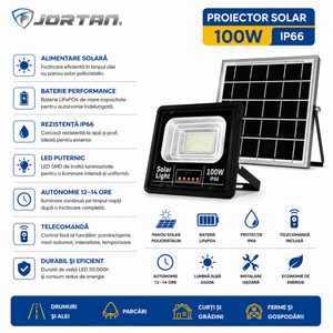 Proiector Solar LED JORTAN 100W cu Panou Solar, Telecomandă și Protecție IP66