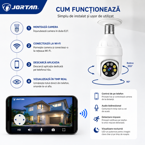 Camera Wi-Fi Inteligenta JORTAN JT-9296 cu Dulie E27, Rotire 355°, Audio Bidirecțional și Vedere Nocturnă