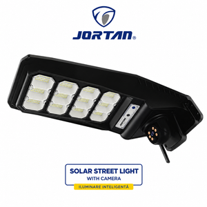 Lampa  Solara JORTAN  cu Camera 4G – Iluminare LED Inteligentă cu Senzor de Mișcare, IP66, Telecomandă și Panou Solar Integrat