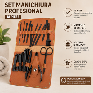 Set Profesional Manichiură și Pedichiură 18 Piese – Trusă Completă din Oțel Inoxidabil, Husă Elegantă pentru Îngrijire Personală
