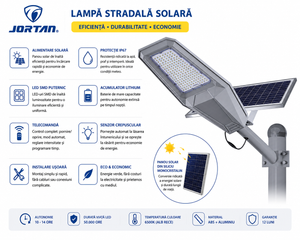 Lampa Stradala Solara JORTAN 1000W cu Panou Solar, Telecomandă, IP67, LED SMD, Senzor Crepuscular