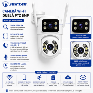Camera de Supraveghere Wi-Fi JORTAN PTZ Dubla 6MP – Zoom Optic 5X, Vedere Nocturnă Color, Audio Bidirecțional, IP66