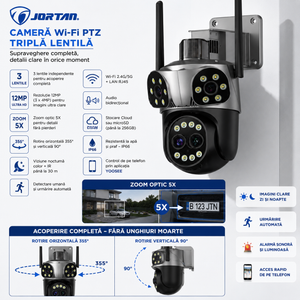 Camera de Supraveghere Wi-Fi JORTAN JT-8856 – Tripla Lentila, 12MP Ultra HD, Zoom Optic 5X, PTZ 355°, Vedere Nocturnă Color, IP66