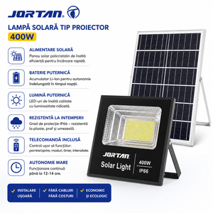 Proiector Solar LED JORTAN 400W cu Panou Solar, Telecomandă și Protecție IP66
