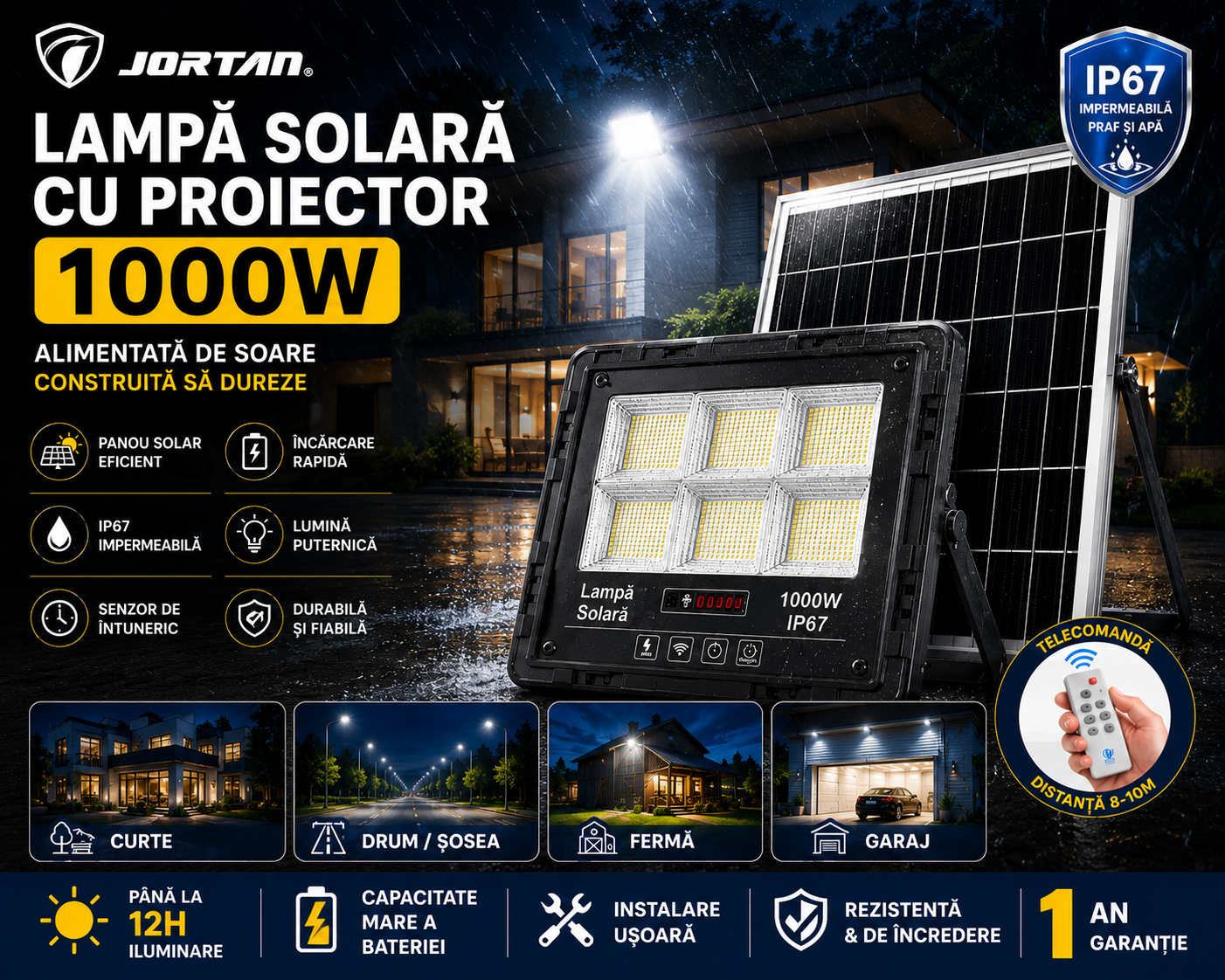 Proiector Solar LED SV 1000W cu Telecomandă și Panou Solar