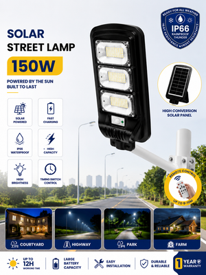 JORTAN 150W Solar Street Lamp – IP66 Waterproof Outdoor LED Light with Integrated Solar Panel & Remote Control