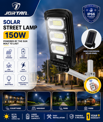 JORTAN 150W Solar Street Lamp – IP66 Waterproof Outdoor LED Light with Integrated Solar Panel & Remote Control
