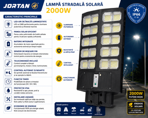 Lampa Solara Stradala 2000W JORTAN Ferrari, 24000mAh, 720 LED-uri, Senzor Miscare, Plastic Negru, Telecomanda