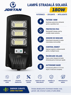 JORTAN KING180W Solar LED Street Light with Motion Sensor & LiFePO4 Battery