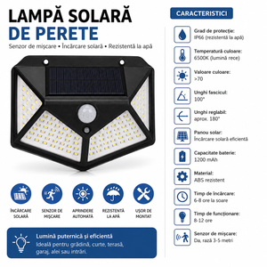 Set 6x Lampa Solara LED de Perete cu Senzor de Mișcare – 100 LED-uri