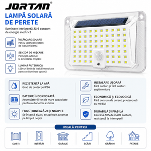 Lampă Solara LED JORTAN 90 LED-uri, Senzor de Mișcare, Panou Solar Integrat, IP66, Iluminare Automată pentru Exterior