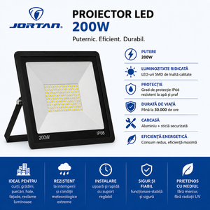 Proiector Electric LED JORTAN 200W pentru Exterior – Rezistent la Apă IP66