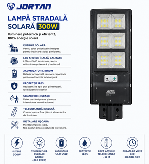 Lampa Stradala Solara LED JORTAN Brics300W cu Senzor de Mișcare și Panou Solar Integrat