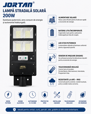 Lampa Stradala Solara BRICS JORTAN 200W cu Senzor de Mișcare și Telecomandă