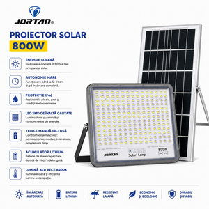 Proiector Solar LED JORTAN Flash 800W cu Panou Solar si Telecomanda