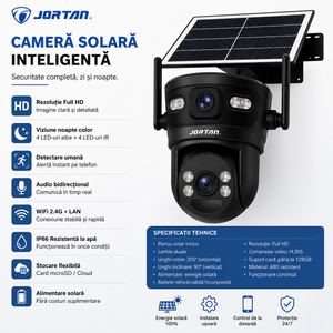 Camera de Supraveghere Solara JORTAN 4G cu Panou Solar, Dual Lens, PTZ 355°, IP66, Viziune Nocturnă Color