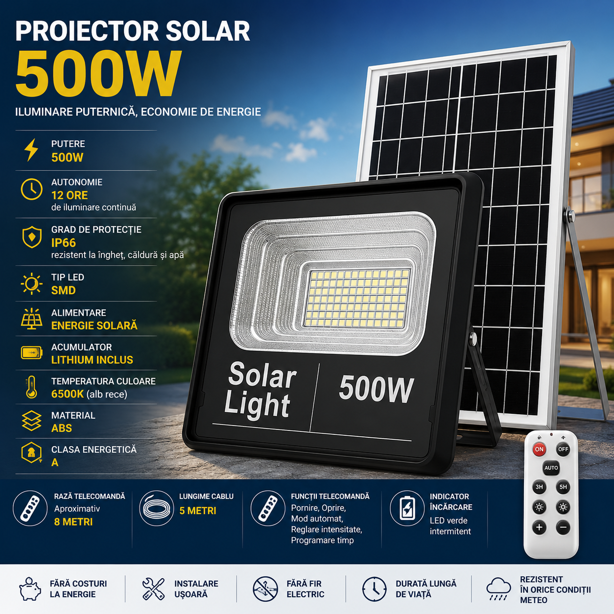 Proiector cu Panou Solar Jortan Clasic 500W