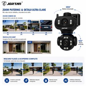 Cameră de Supraveghere WiFi JORTAN JT-9680 Dual Lens 6MP, PTZ 355°, Zoom Hibrid 8X, AI Tracking, Viziune Nocturnă Color, Audio Bidirecțional, Alarmă Inteligentă, IP66
