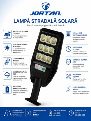 Lampa Solara LED JORTAN 300W cu 9 Celule LED și Senzor de Mișcare
