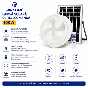 Lampa Solară LED de Tavan JORTAN 100W cu Panou Solar și Telecomandă – IP44, Iluminare Puternică
