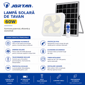 Lampă Solară de Tavan JORTAN 60W cu Panou Solar și Telecomandă