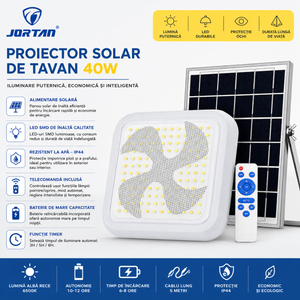 Plafonieră Solară LED JORTAN 40W cu Telecomandă, Panou Solar, IP44, Lumină Alb Rece, pentru Interior și Exterior