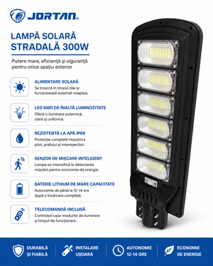 Lampa Solara Stradala  JORTAN G300W cu Senzor de Mișcare și Telecomandă