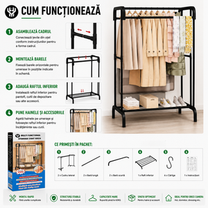 Suport Multifuncțional pentru Haine cu Raft Depozitare – Organizator Metalic, 60 kg