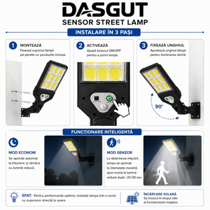 Lampă Stradală Solară DASGUT cu Senzor de Mișcare și Telecomandă – 60 LED
