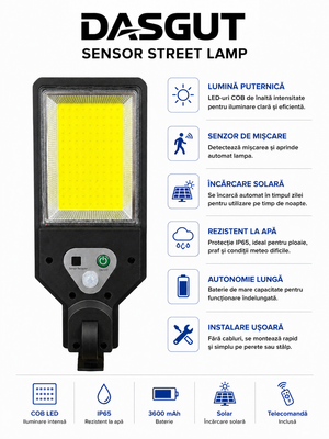 Lampă Solara LED cu Senzor de Mișcare DASGUT – Iluminare Inteligentă pentru Exterior