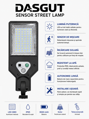 Lampă Solară LED DASGUT cu Senzor de Mișcare – Iluminare Automată pentru Exterior