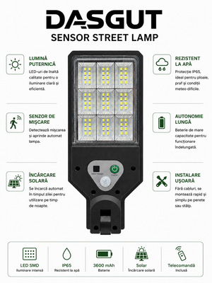 Lampă Solară LED DASGUT cu Senzor de Mișcare – 90 LED SMD | Iluminare Puternică pentru Exterior
