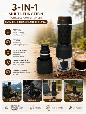 Espressor Portabil 3 în 1 – Compatibil Capsule Nespresso®, Dolce Gusto® și Cafea Măcinată