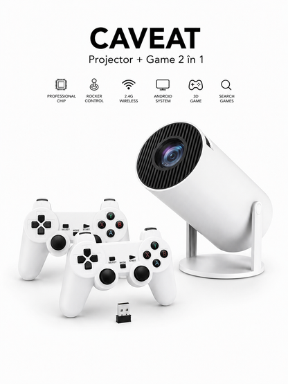 Proiector Gaming 2 în 1 4K cu 2 Controlere Wireless – Android, WiFi 2.4G, Jocuri și Multimedia