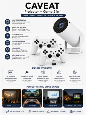 Proiector Gaming 2 în 1 4K cu 2 Controlere Wireless – Android, WiFi 2.4G, Jocuri și Multimedia