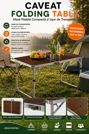 Masă Pliabilă Camping 120x60 cm – Reglabilă pe Înălțime, Ușor de Transportat, Cadru Metalic Rezistent