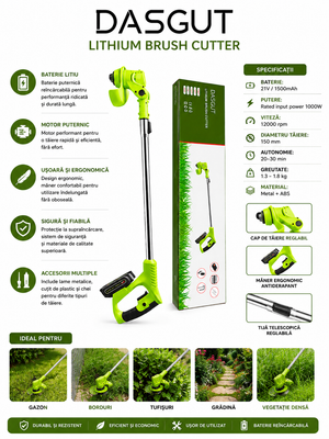 Motocoasă Electrică cu Acumulator DASGUT 21V – Telescopică, Ușoară, cu Accesorii Incluse, pentru Gazon și Grădină