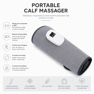 Aparat Portabil pentru Masaj Gambe, Compresie cu Aer 360°, 6 Moduri, 2 Niveluri Încălzire, Reîncărcabil USB, Gri