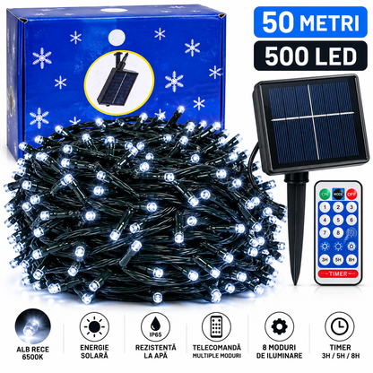 Instalație Solară LED 50M – 500 LED-uri, Alb Rece