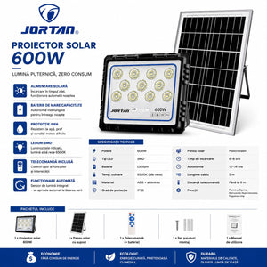 Proiector LED Solar JORTAN HONOR 600W cu Panou Solar si Telecomanda